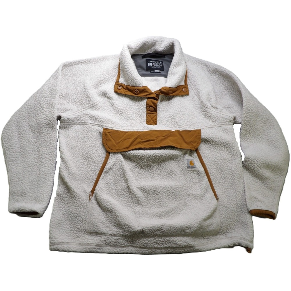 Carhartt Fleece Pullover Sweatshirt Women L White Brown Sherpa Snap Mock Neck LS